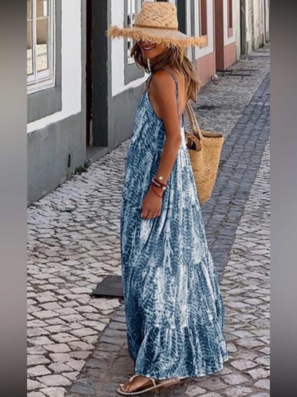 Blue Tie-Dye Maxi Sundress with Spaghetti Straps